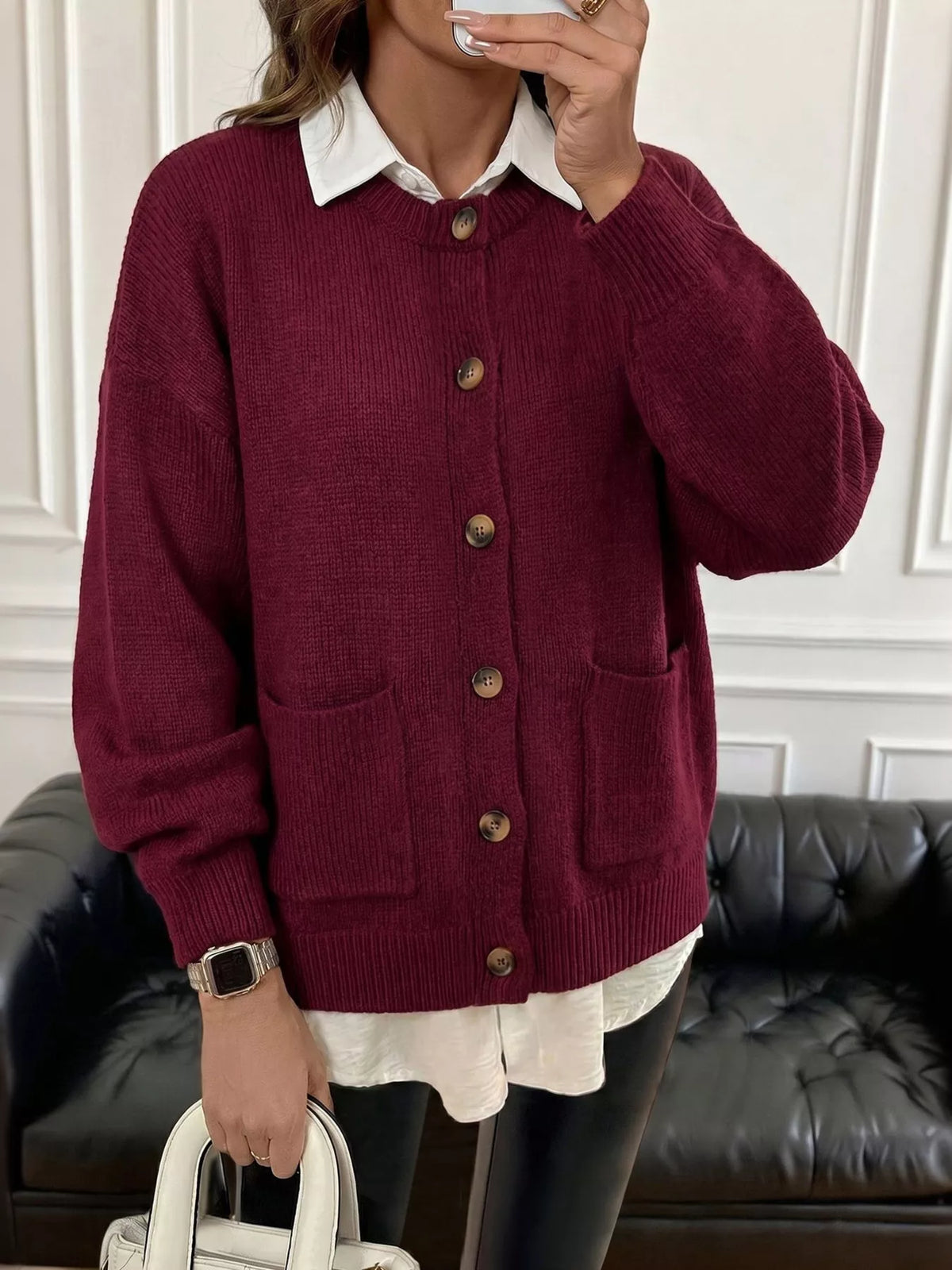 Runa cardigan med släppta axlar, vinröd