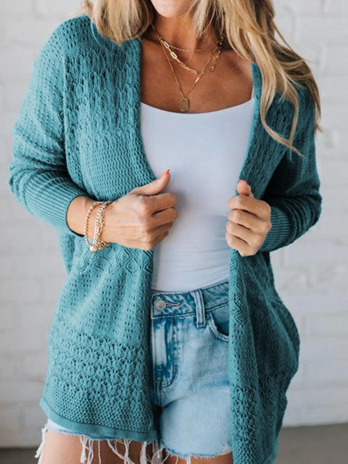 Merle hålstickad cardigan, blågrön