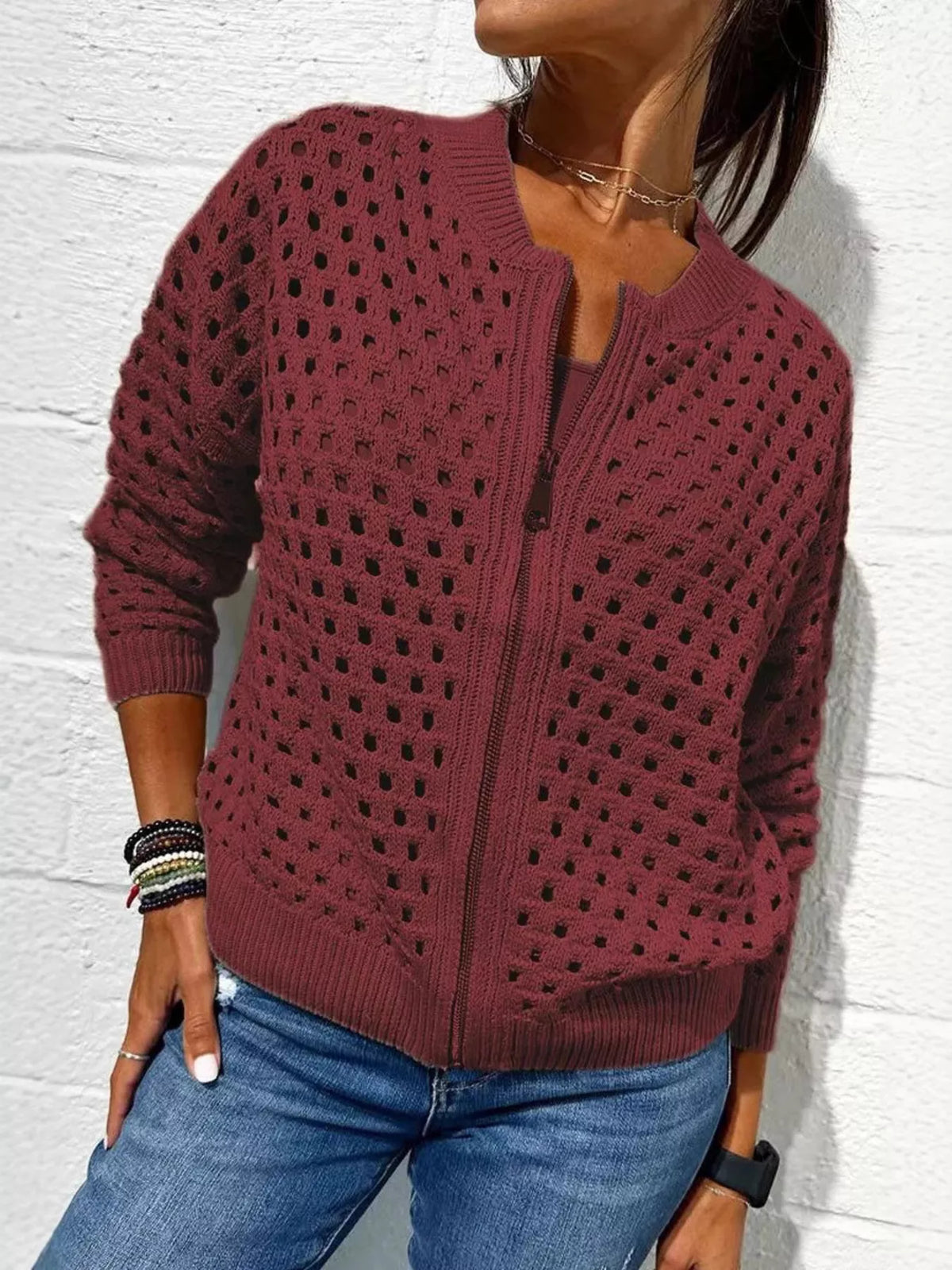 Sissel virkad cardigan, vinröd