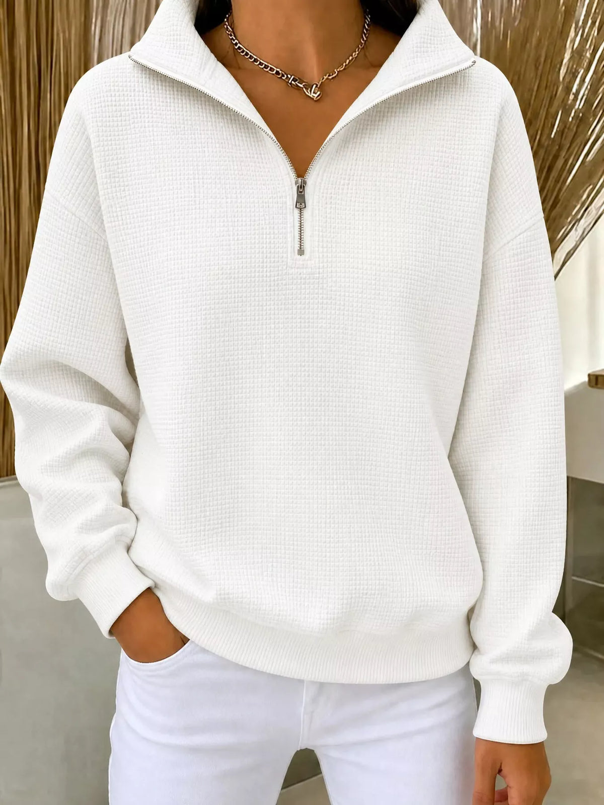 Daniela våffelstickad sweatshirt, vit