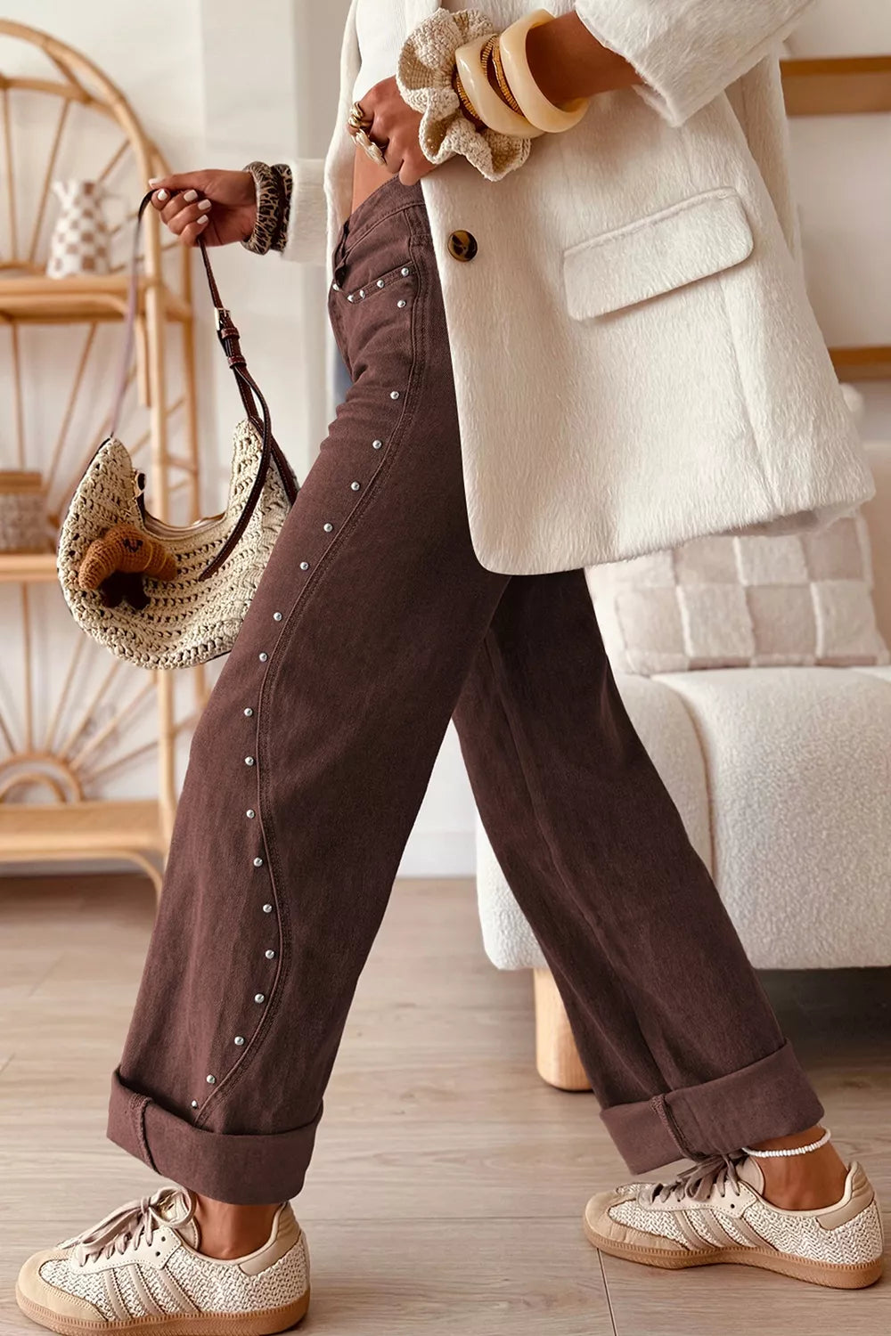 Ivana jeans med nitar, mörkbrun