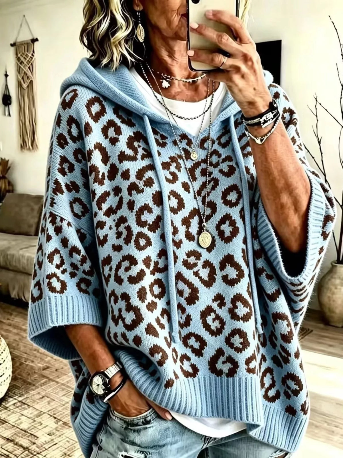 Frauke leopardmönstrad hoodie, blå