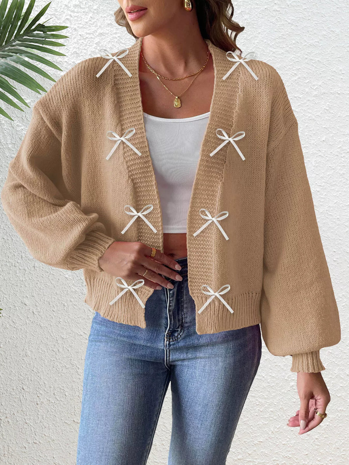 Monica cardigan med rosett, khaki