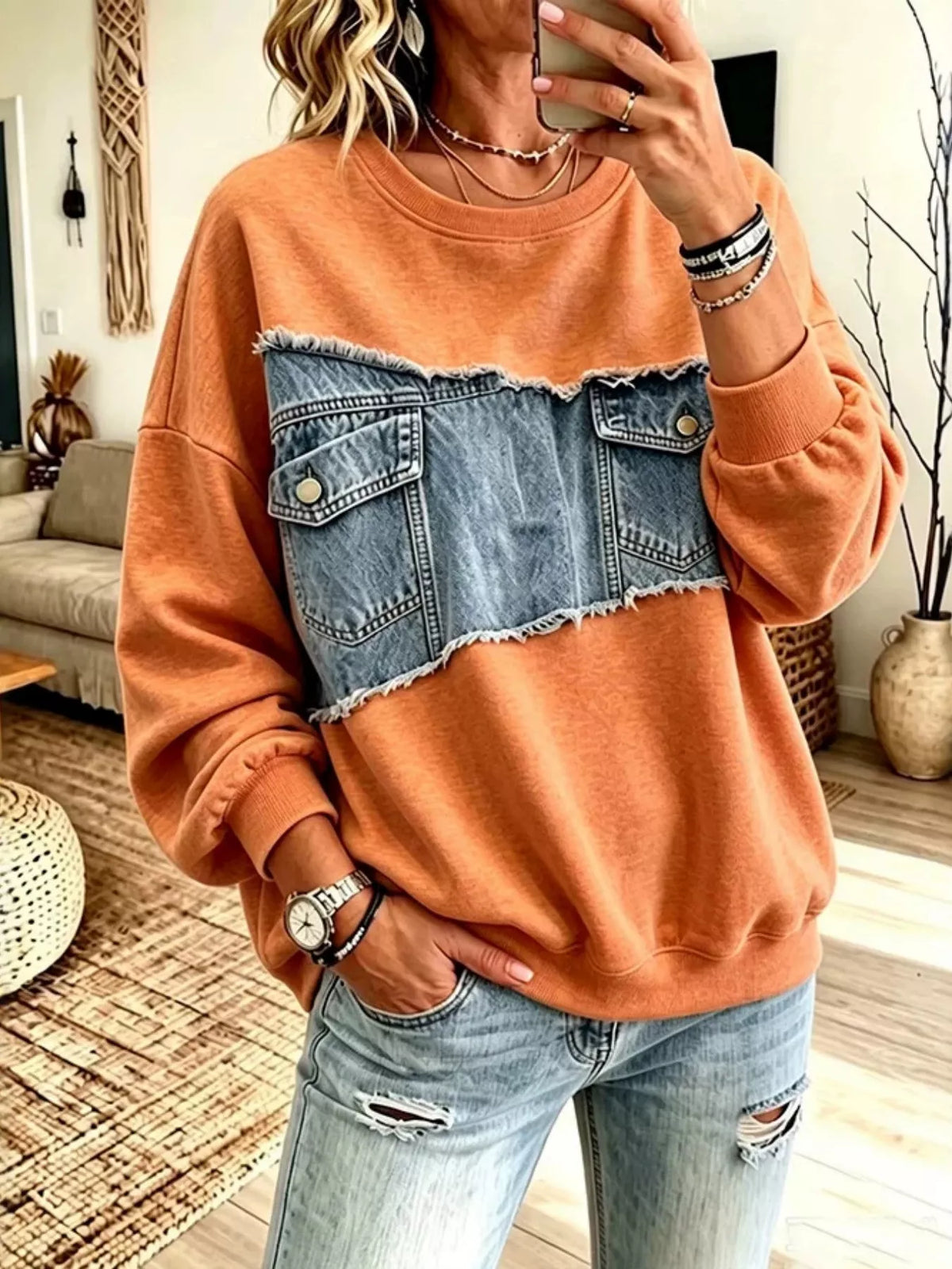 Engla sweatshirt i denimpatchwork, mandarinorange