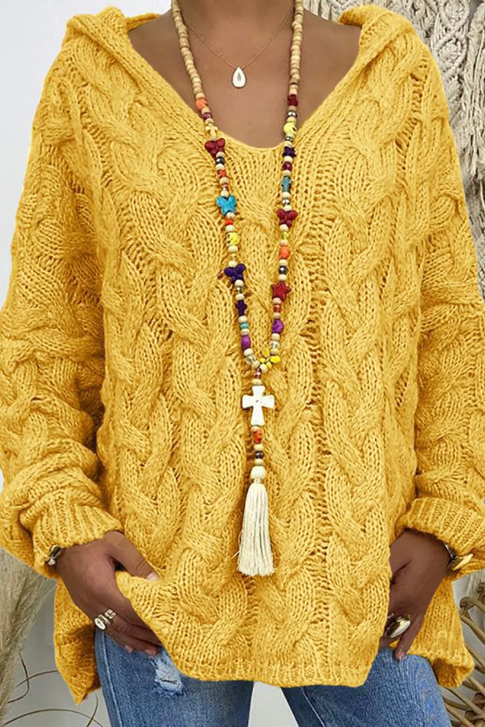 Trixie kabelstickad hoodie, gul