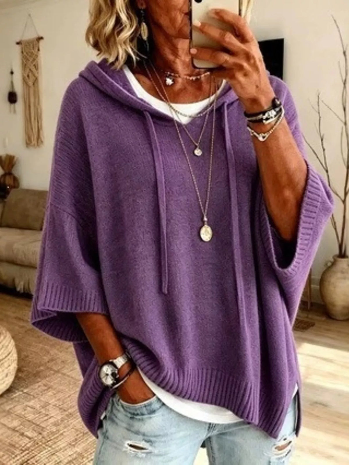 Sally ribbstickad hoodie, lila