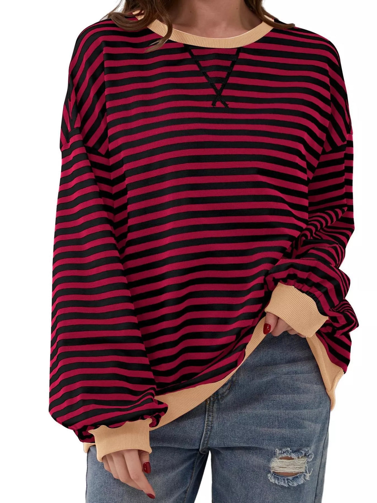 Ella randig sweatshirt, vinröd