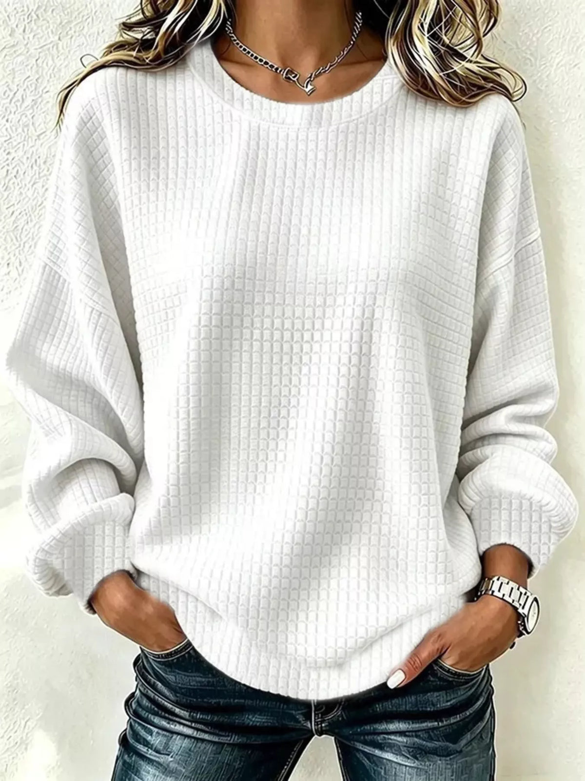 Alfrida våffelstickad sweatshirt, vit