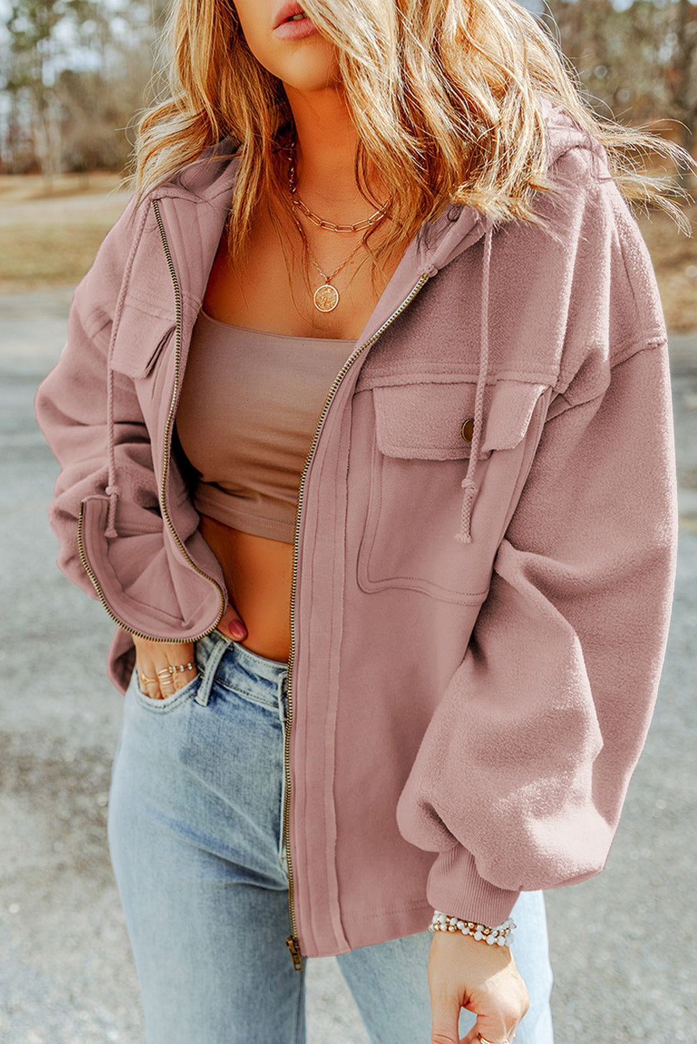 Regina hoodie med dragkedja, puderrosa