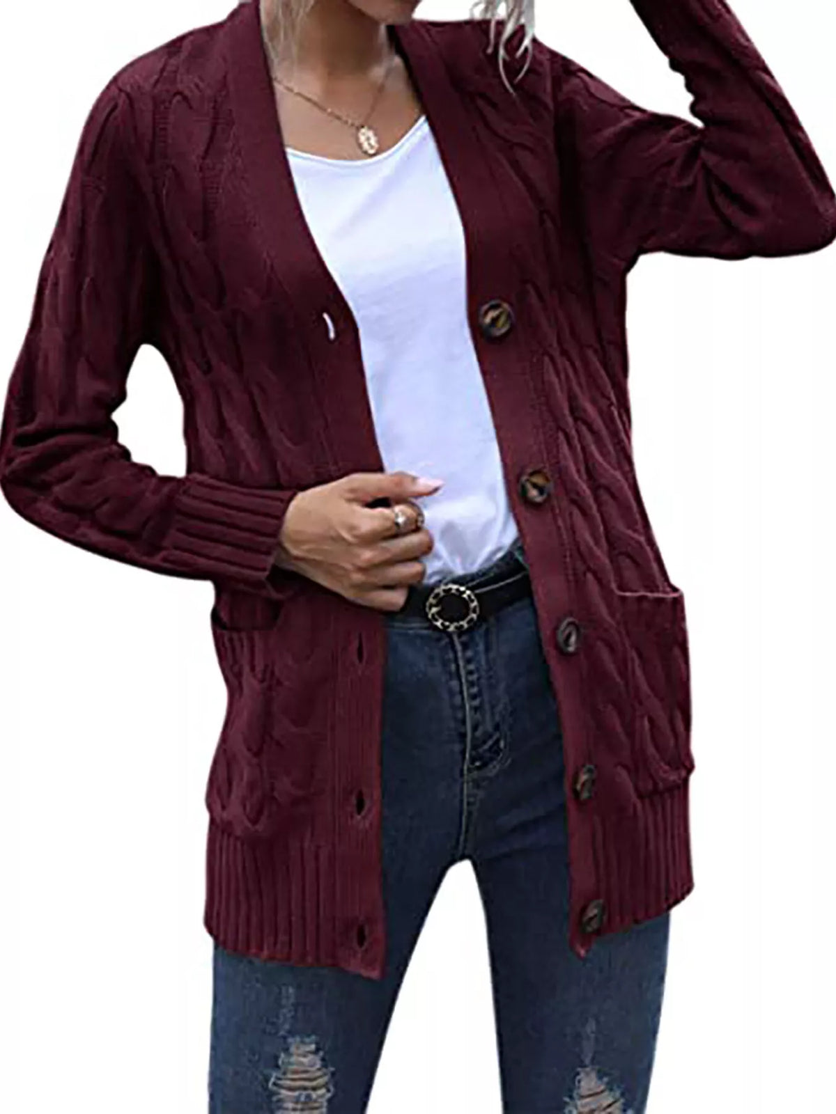 Octavia grovstickad cardigan, mörkröd