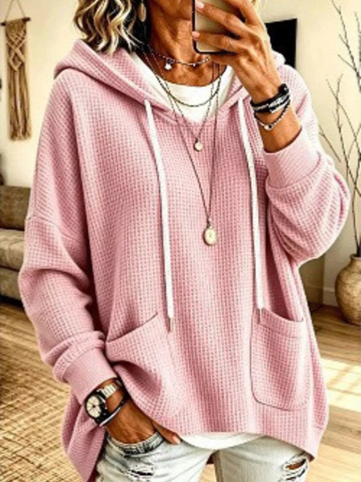 Eir våffelstickad hoodie, rosa