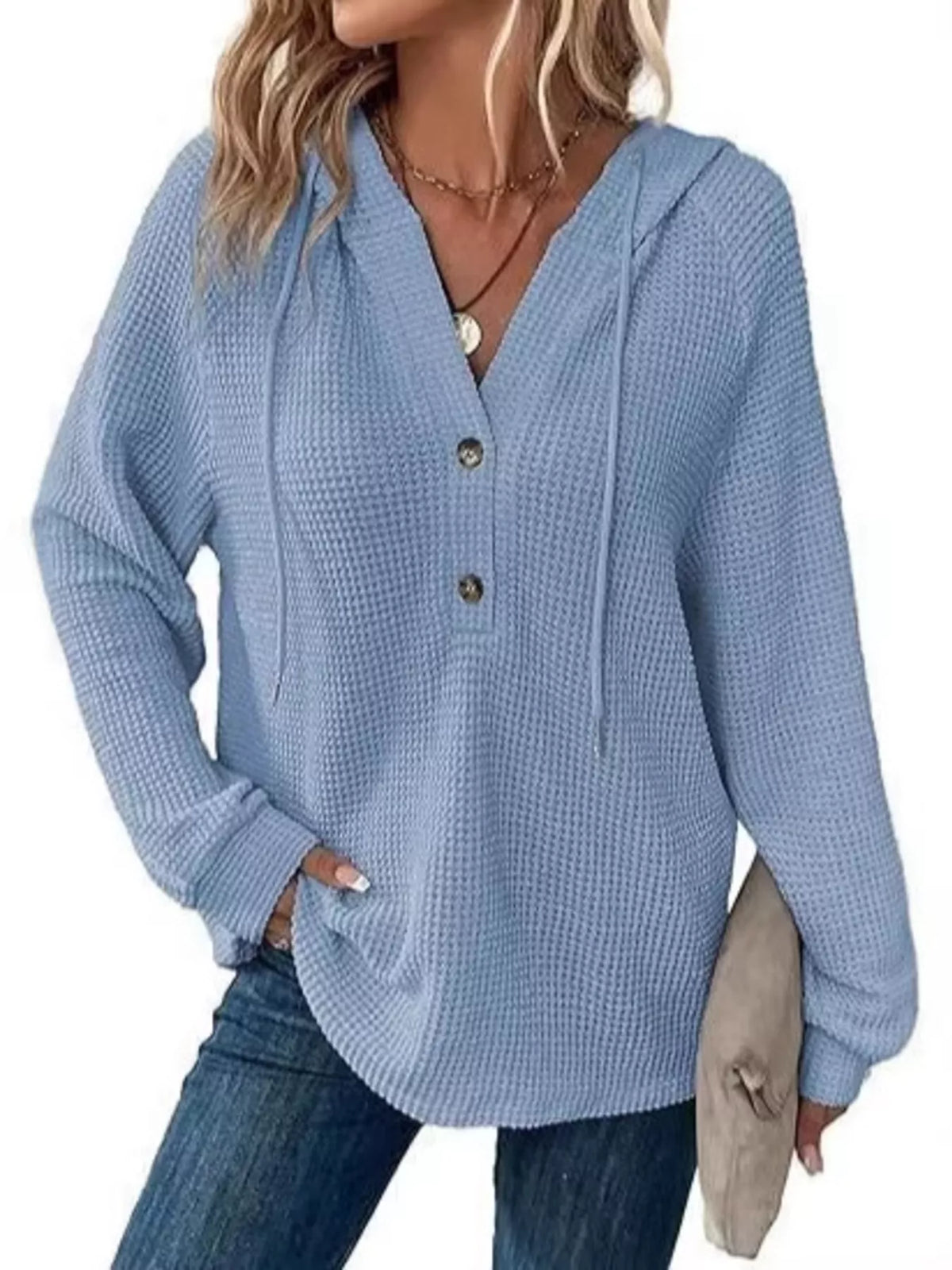 Edna våffelstickad hoodie, ljusblå