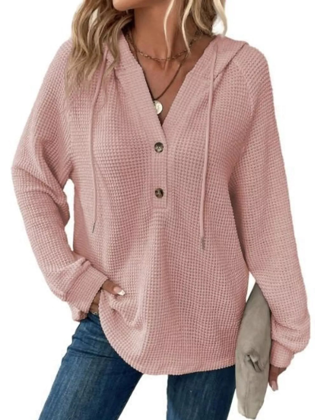 Edna våffelstickad hoodie, rosa