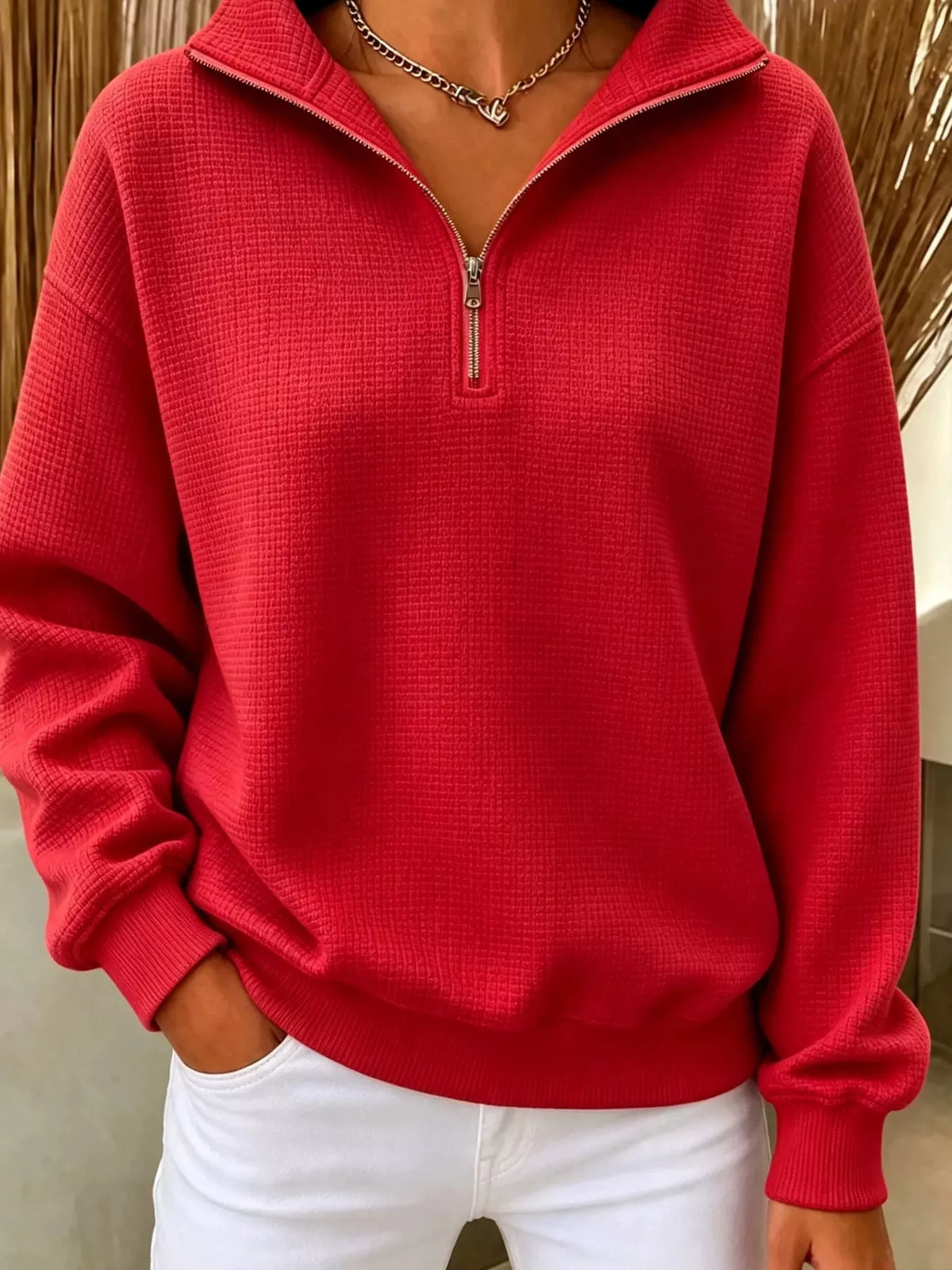 Daniela våffelstickad sweatshirt, röd