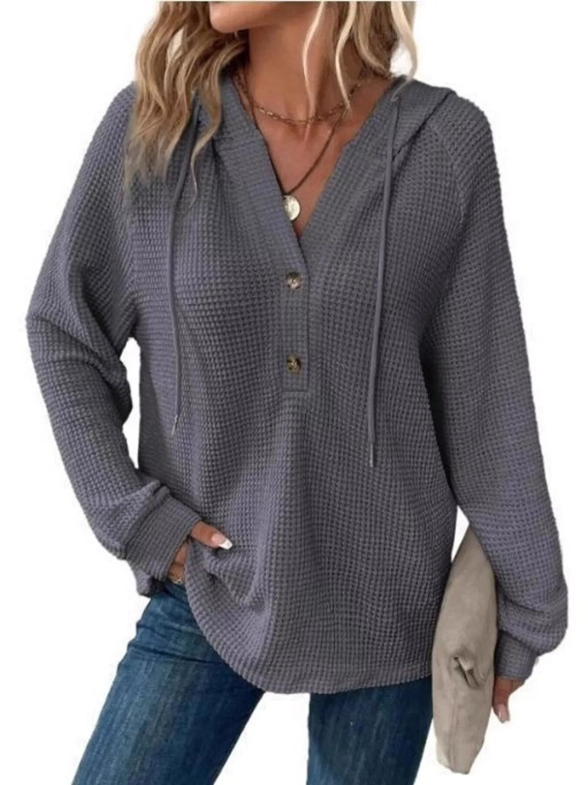 Edna våffelstickad hoodie, mörkgrå