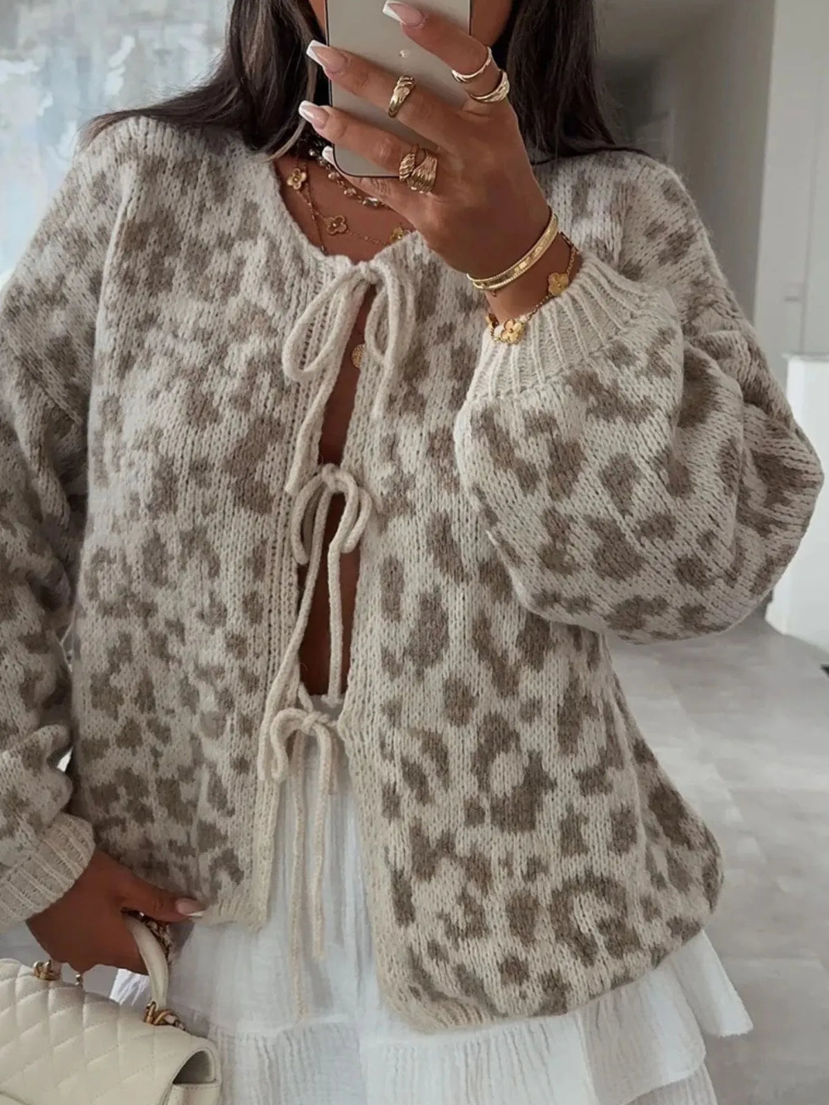 Irja leopardmönstrad cardigan, beige