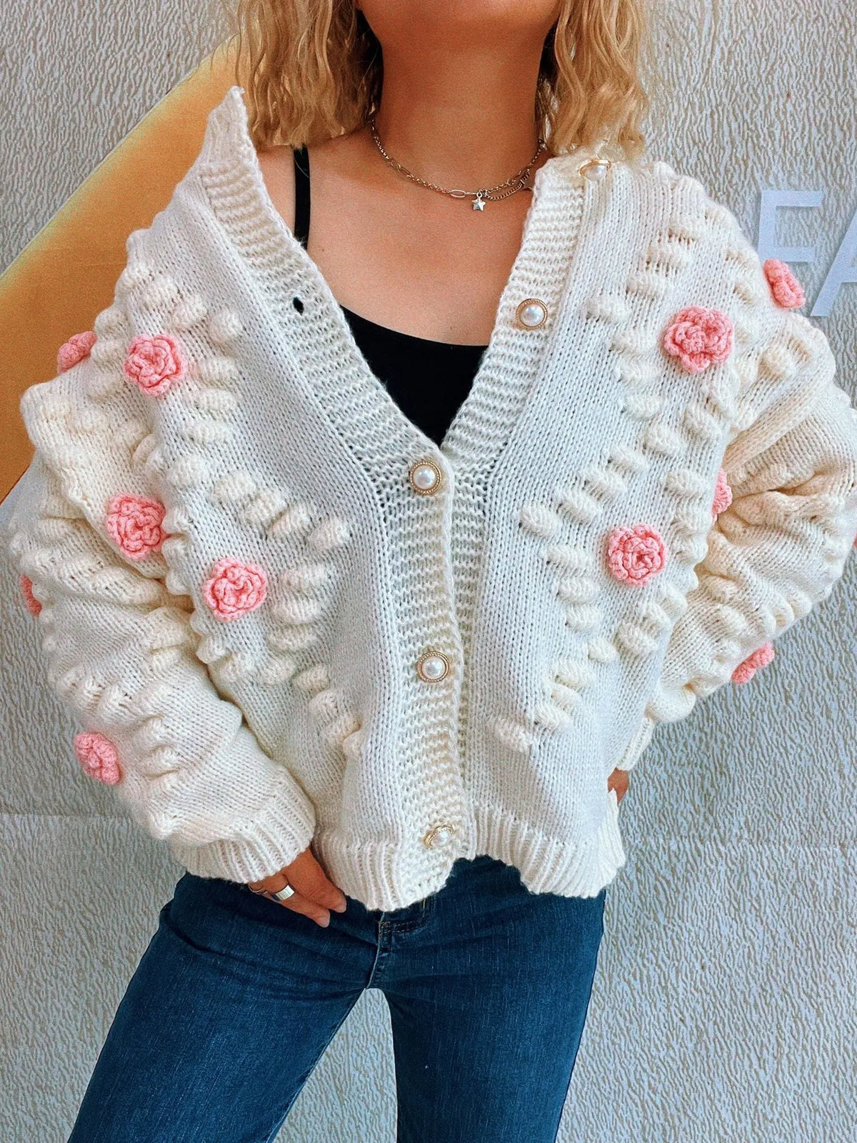 Ina cardigan med blomdetaljer, vit