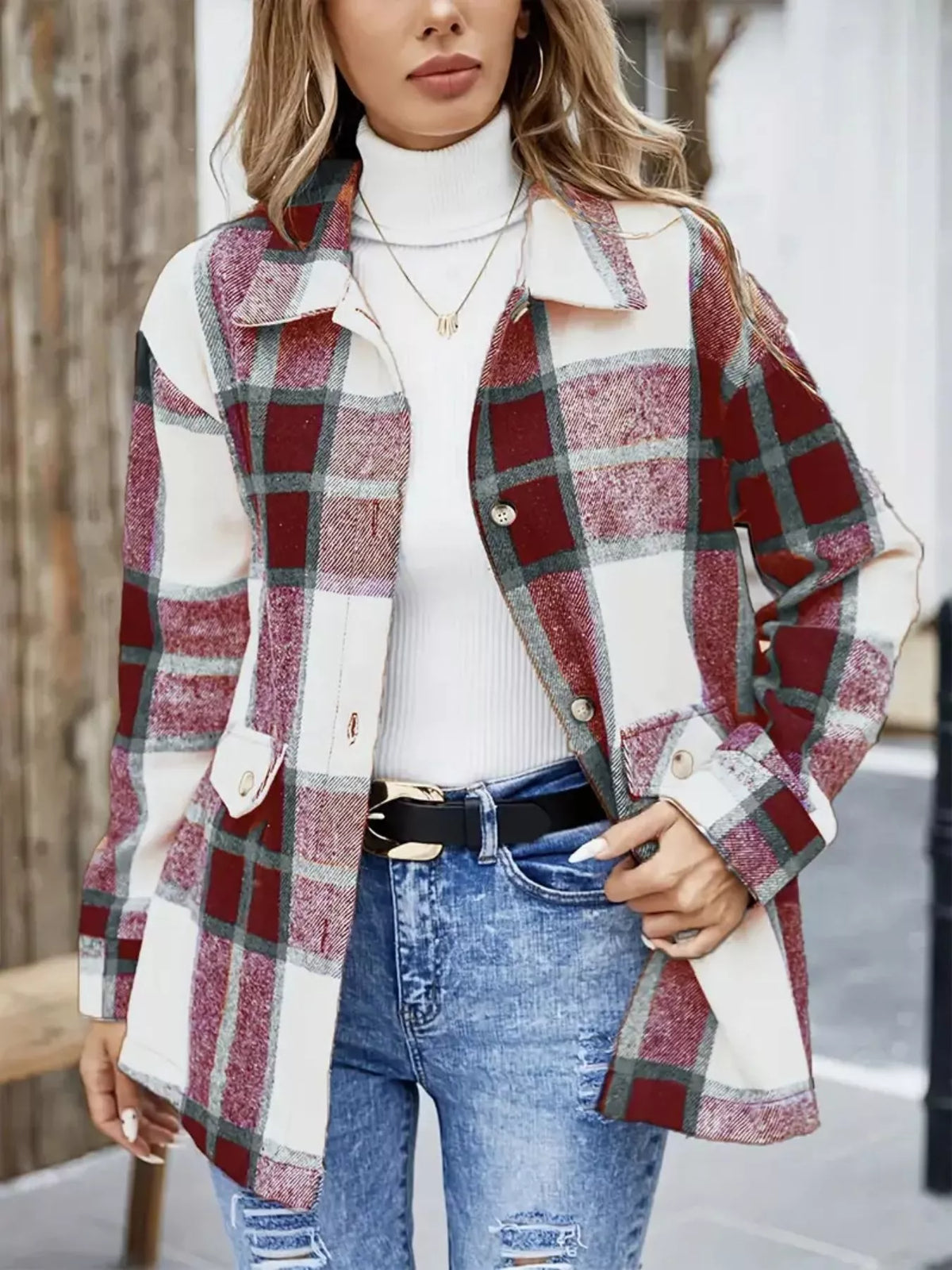 Rina rutig skjortjacka, vinröd