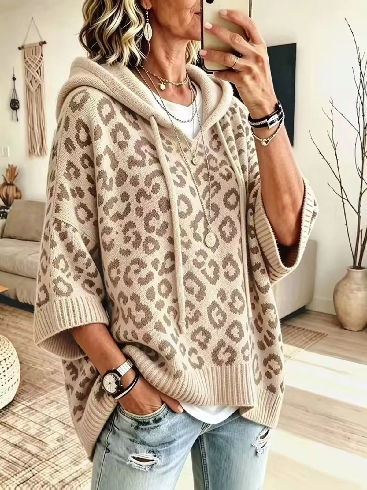 Frauke leopardmönstrad hoodie, aprikos