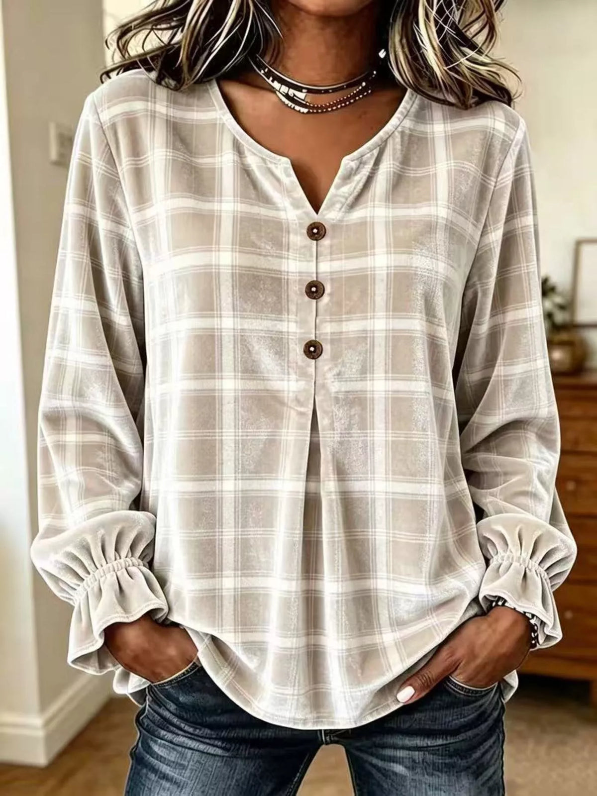 Emelie rutig blus, khaki