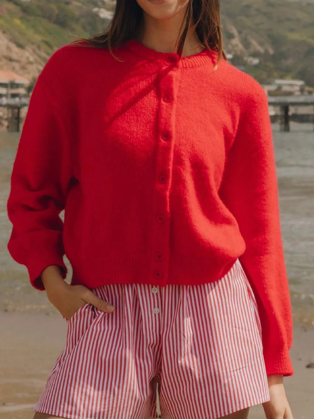 Donatella kort cardigan, mörkröd