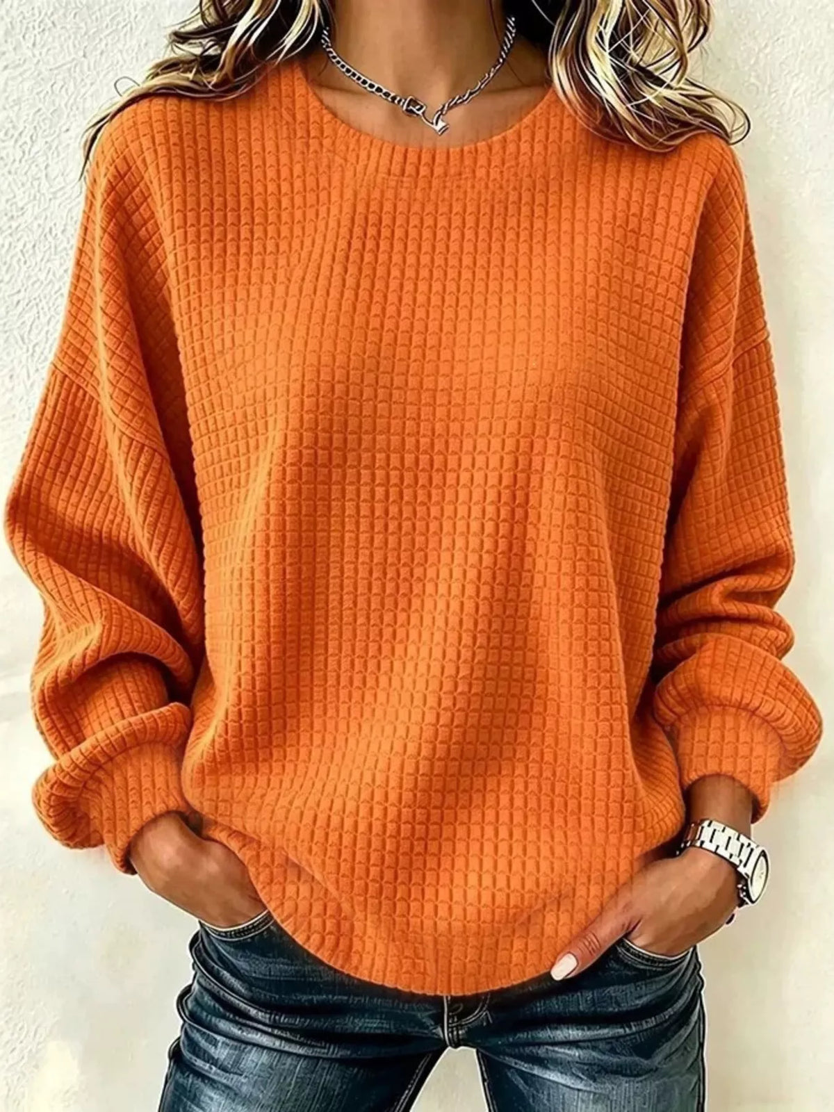 Alfrida våffelstickad sweatshirt, orange