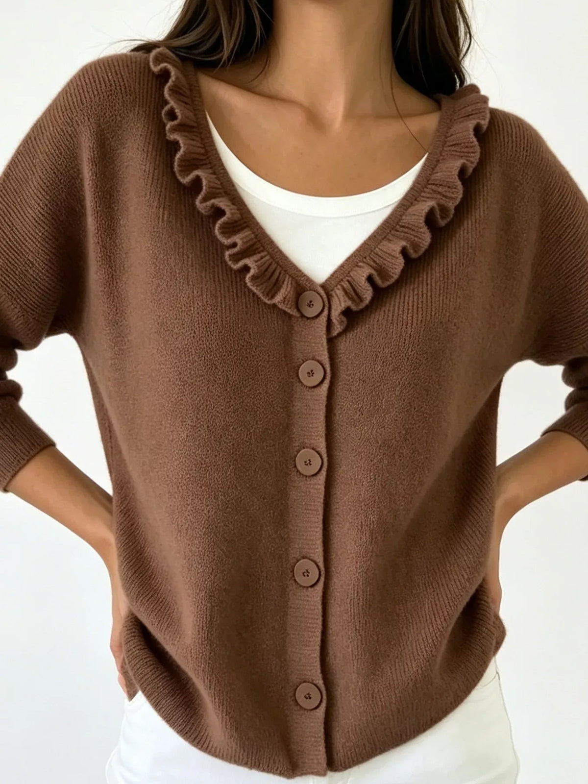 Amabel cardigan med volangkrage, brun
