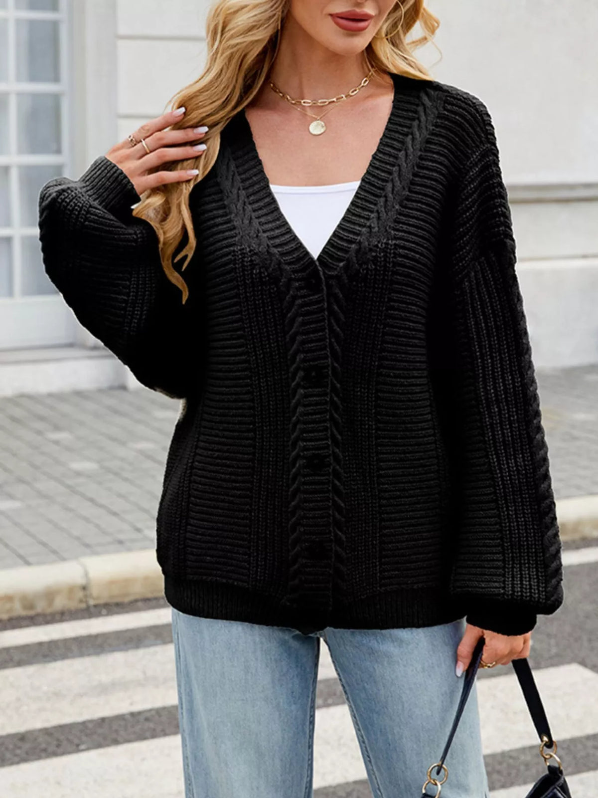 Irmelin kabelstickad cardigan, svart