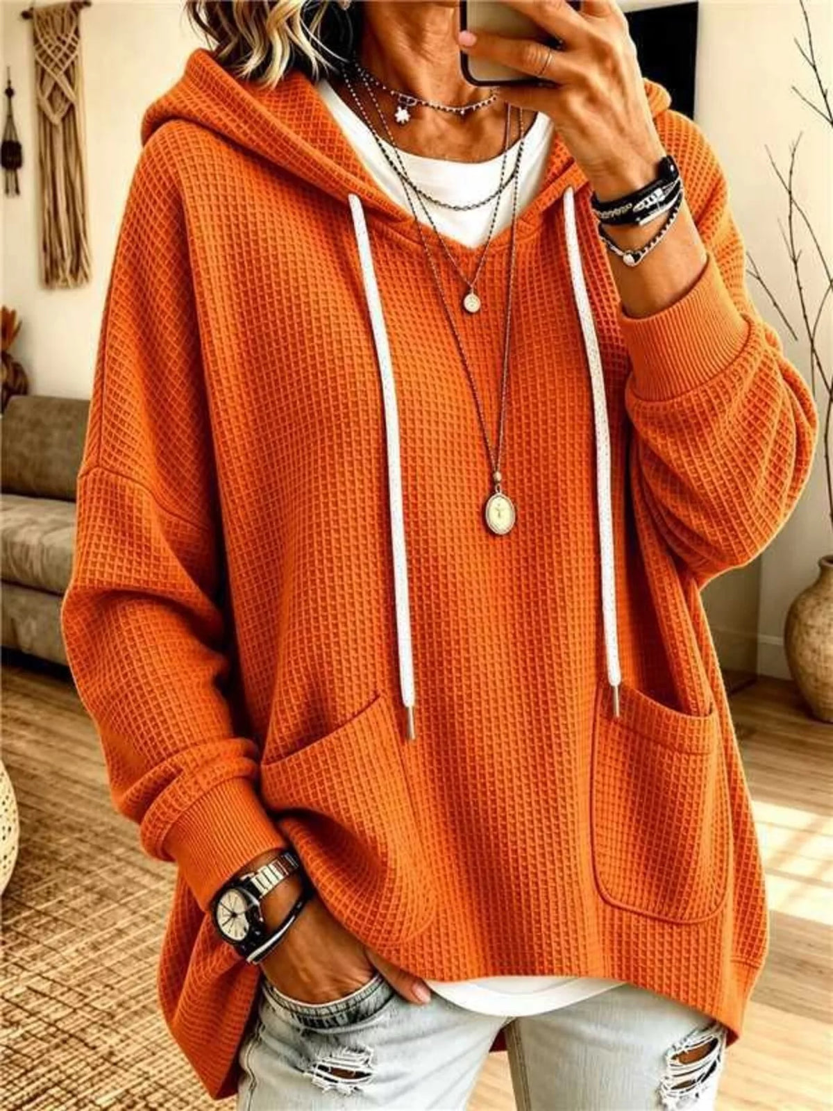 Eir våffelstickad hoodie, orange