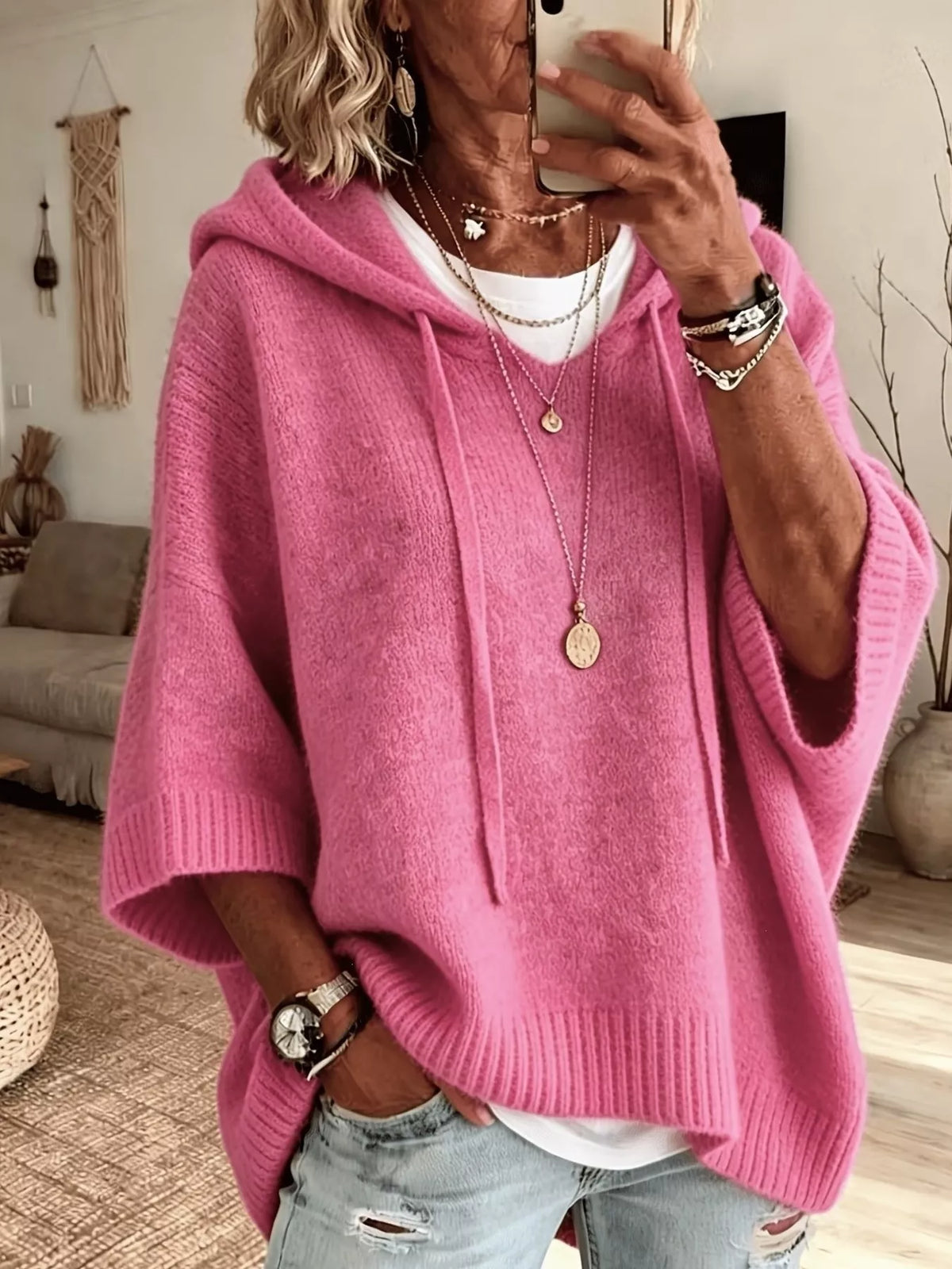 Deja hoodie med fladdermusärm, rosa