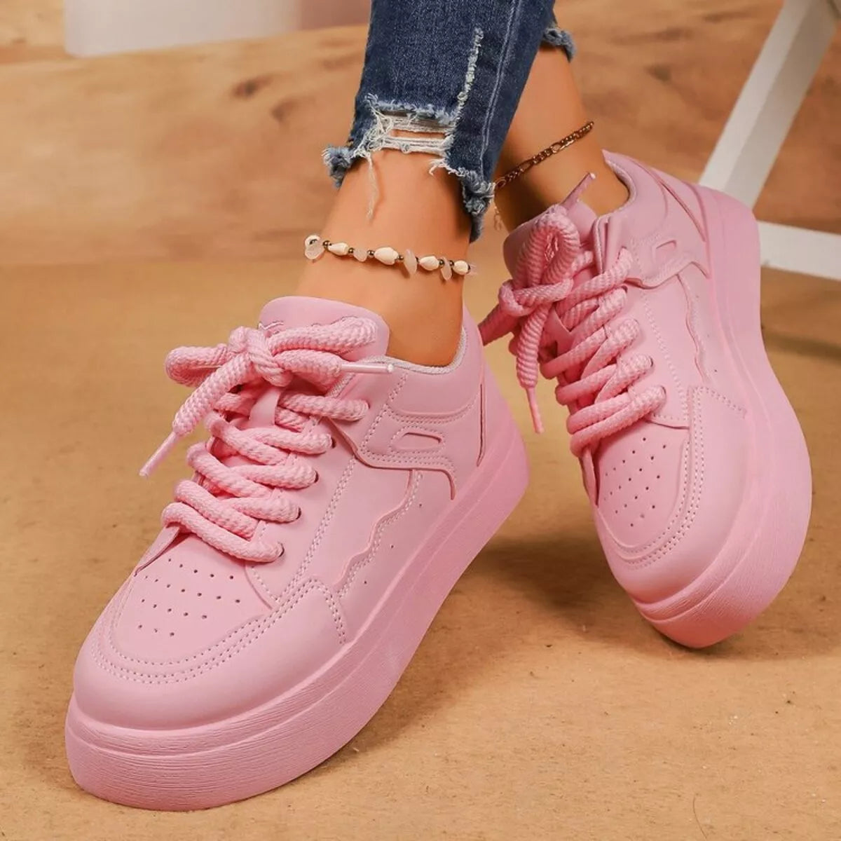 Rafaela sneakers i läderlook, dammrosa