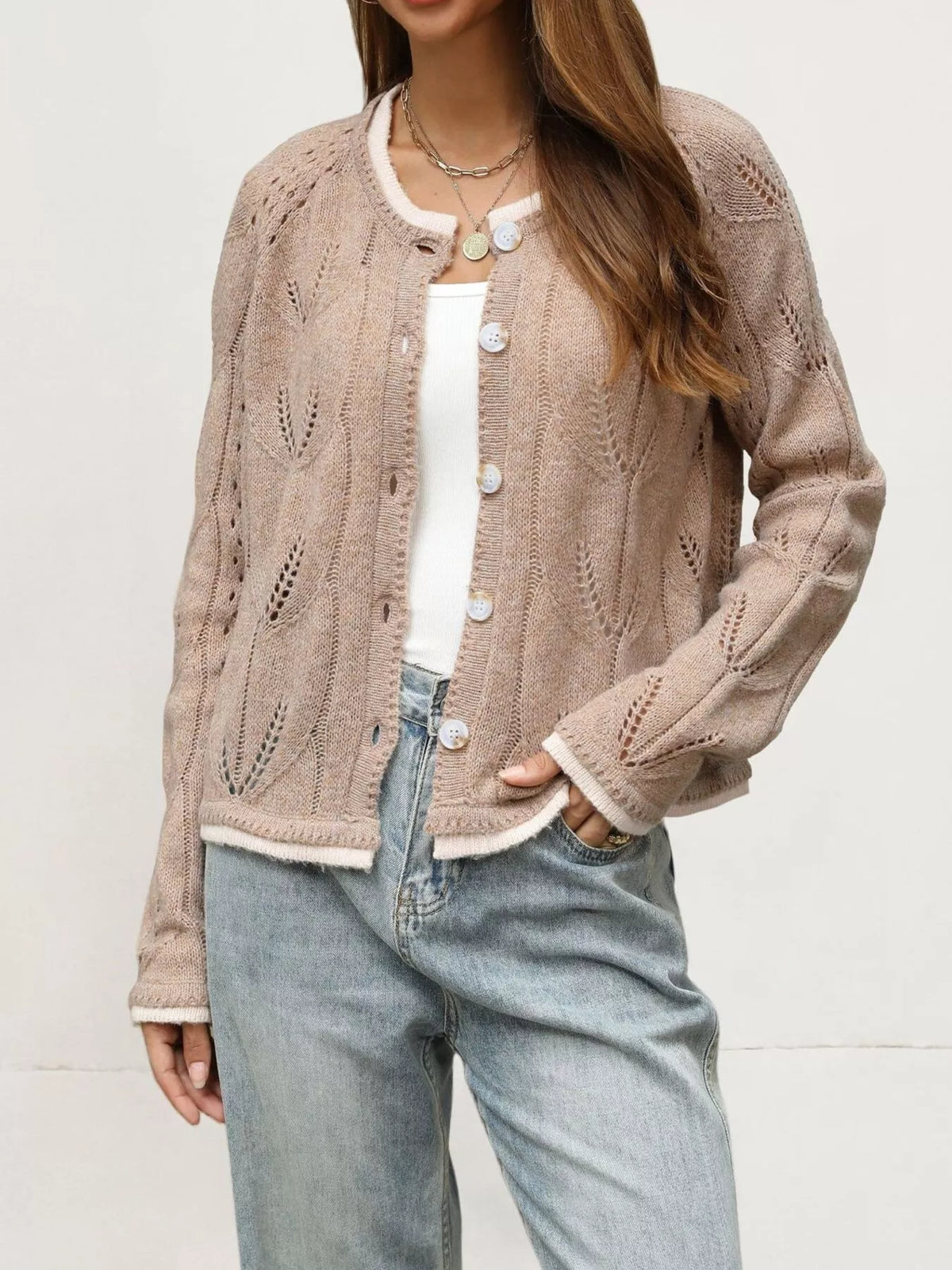 Mina hålstickad cardigan, khaki
