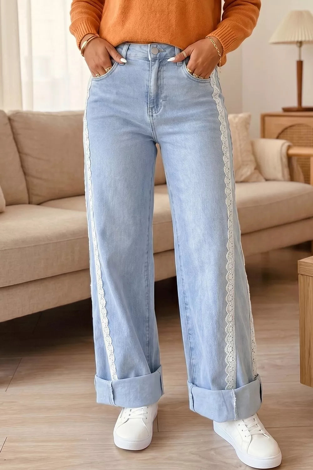 Jeanette spetskantade jeans, ljusblå