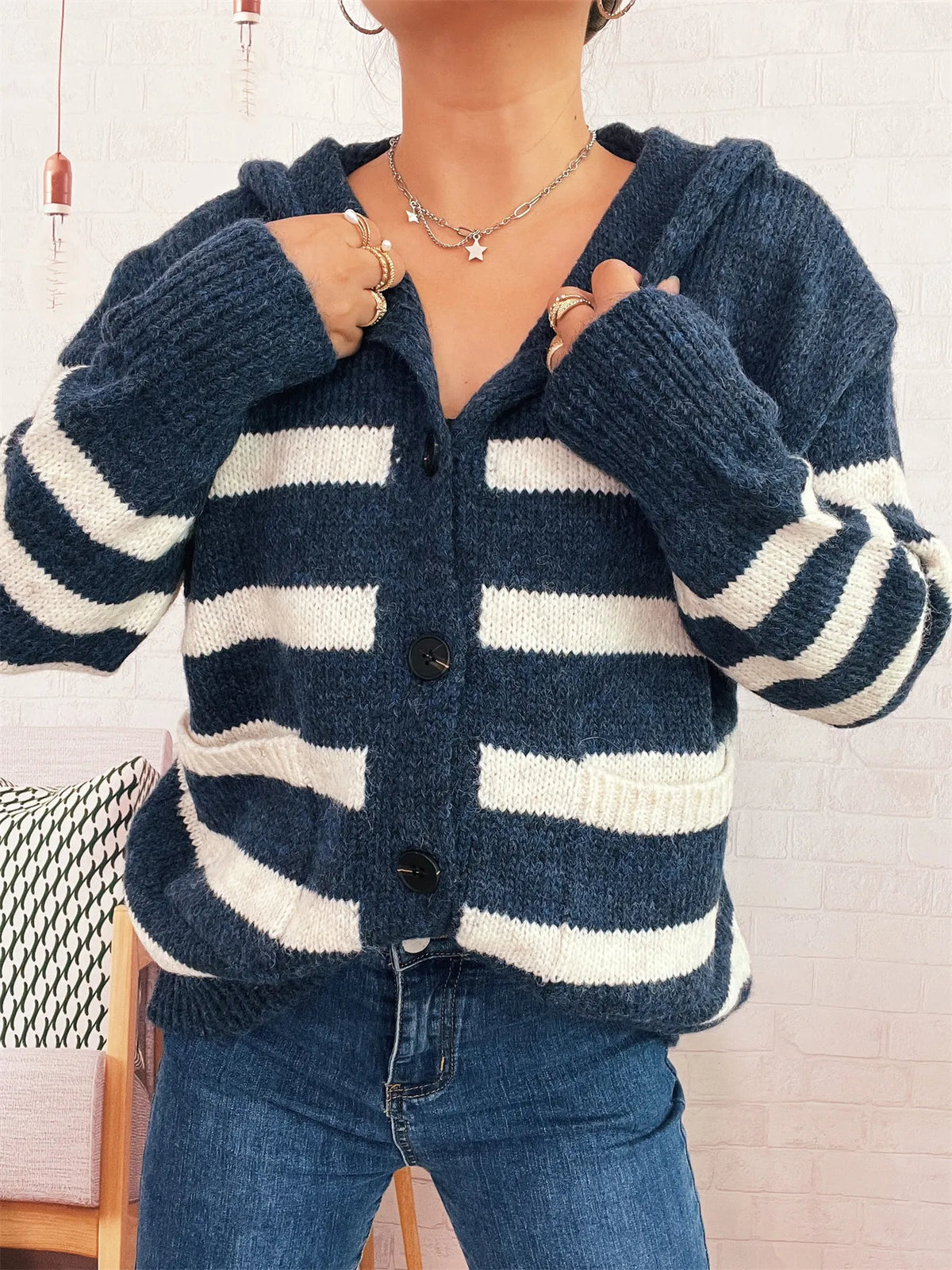 Nayla randig cardigan, marinblå