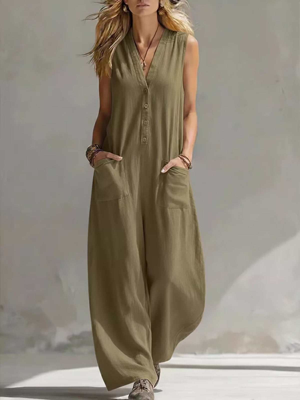 Tordis v-ringad jumpsuit, militärgrön