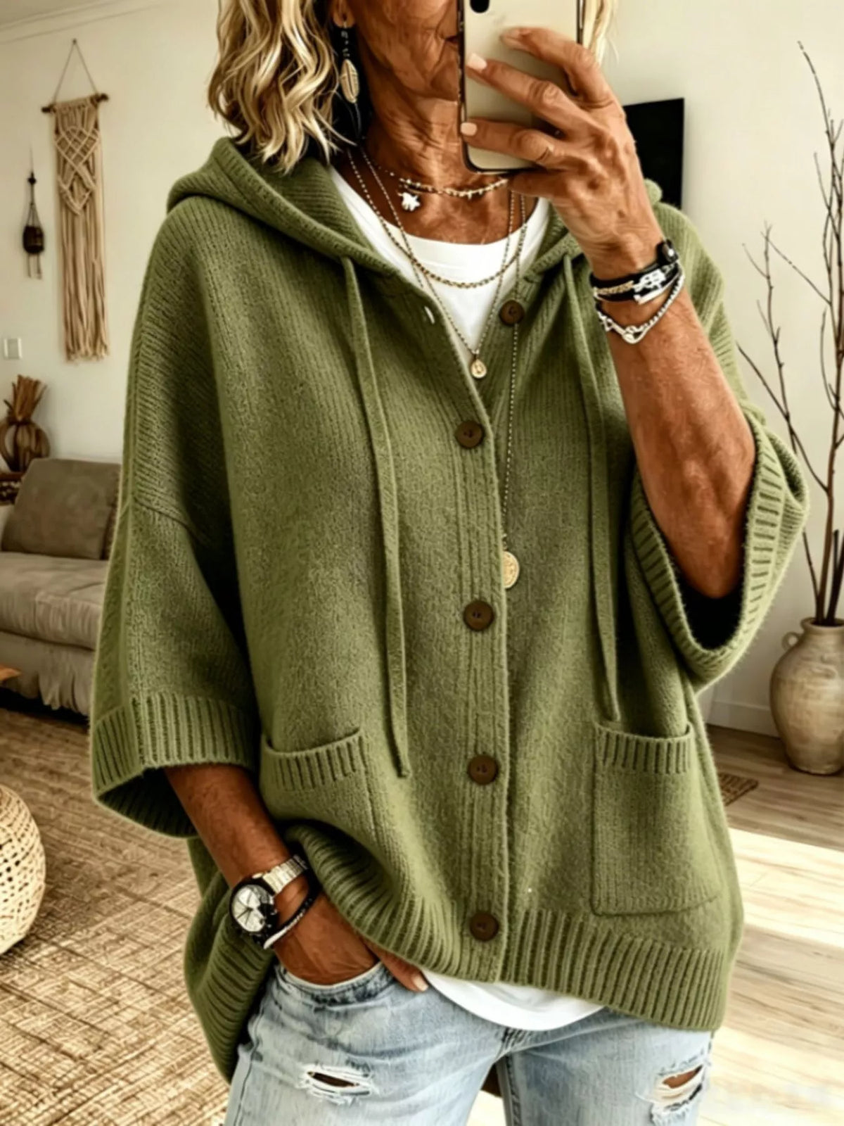 Sibylla avslappnad cardigan, militärgrön