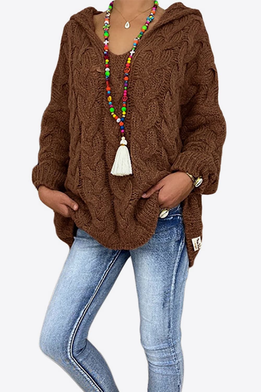 Trixie kabelstickad hoodie, brun