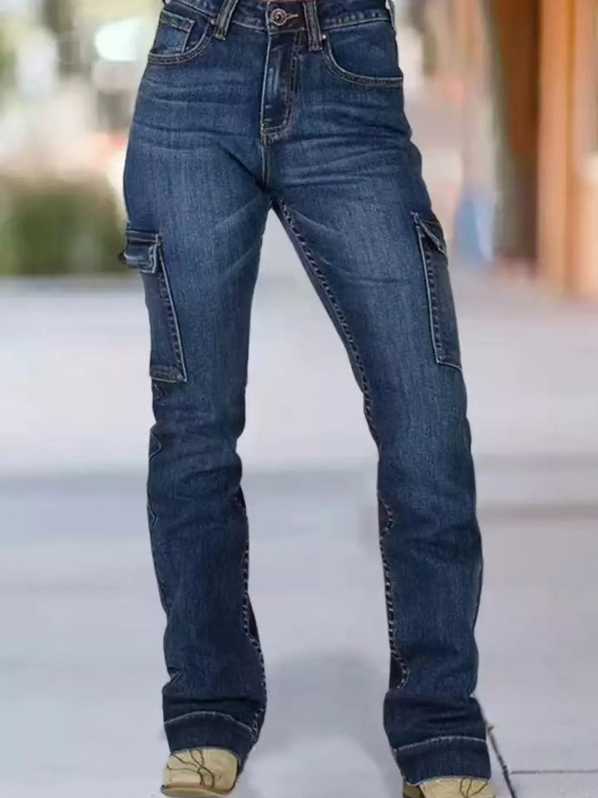 Kristin cargobyxor i denim, mörkblå