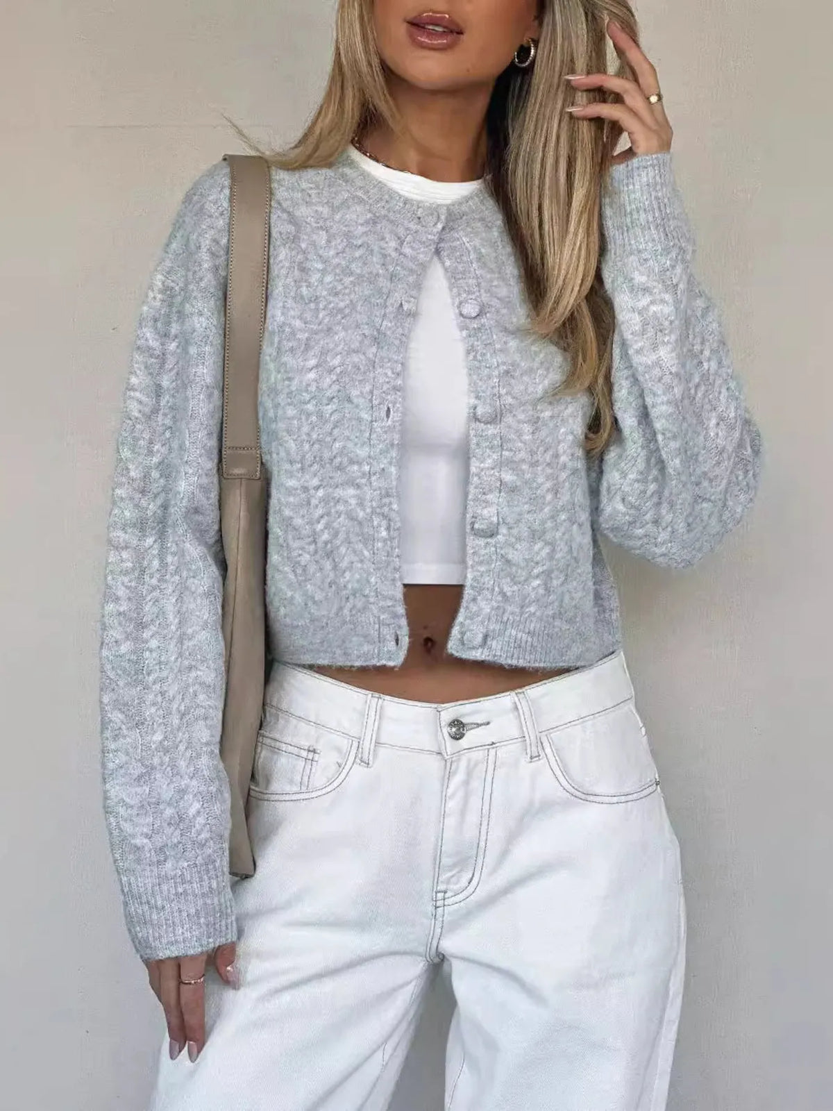Rosie kabelstickad cardigan, grå