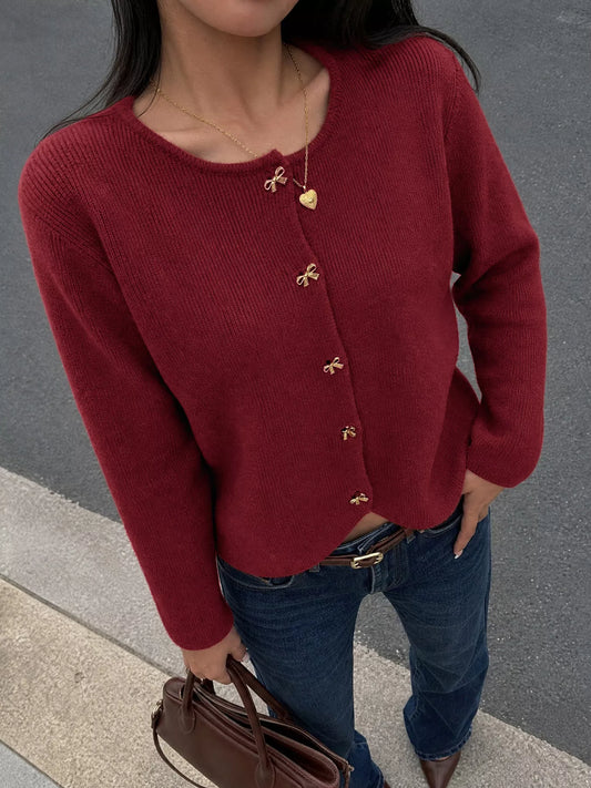 Ottilia cardigan med rosett, vinröd