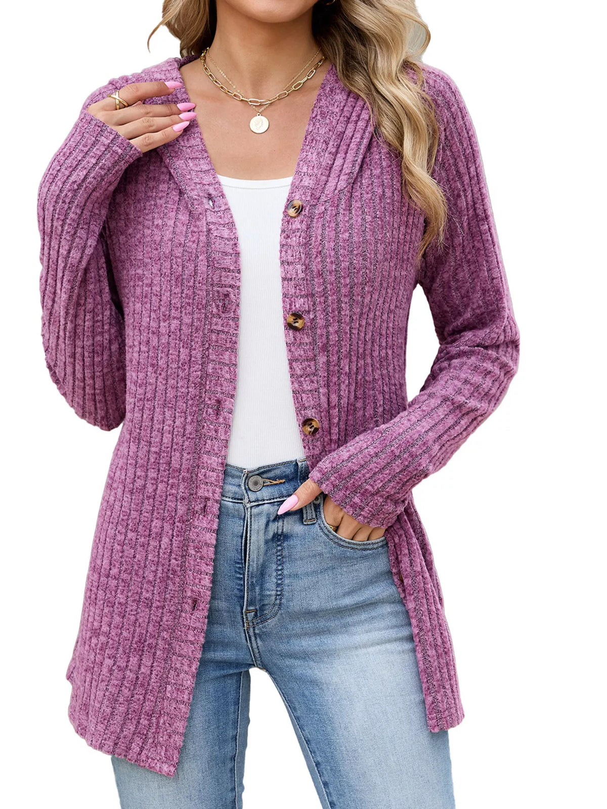 Venke ribbstickad cardigan, lilaröd