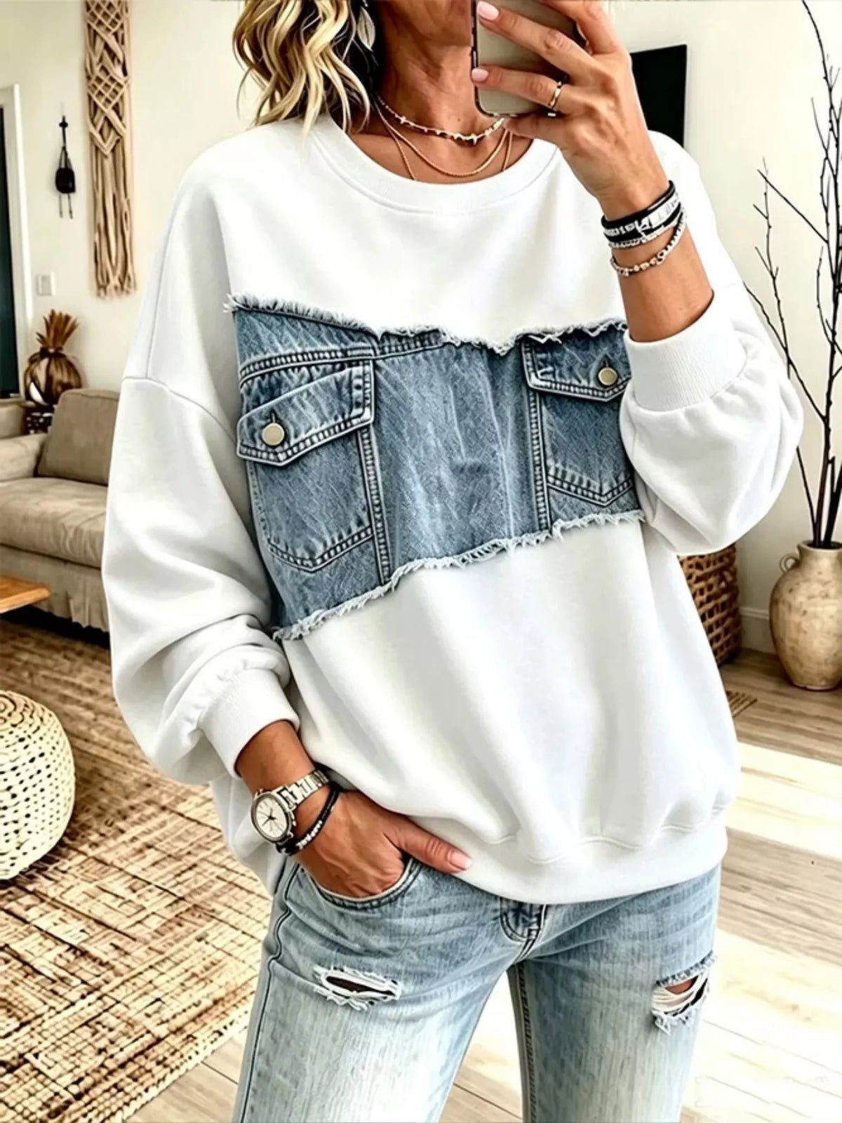 Engla sweatshirt i denimpatchwork, vit