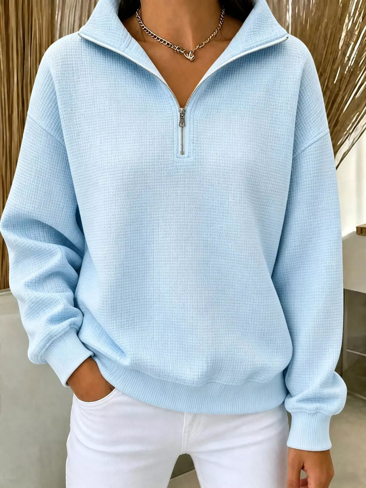 Daniela våffelstickad sweatshirt, ljusblå