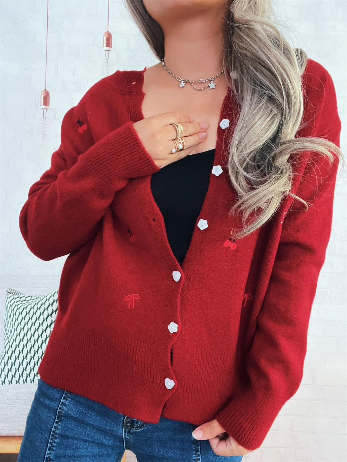 Angie ribbstickad cardigan, röd