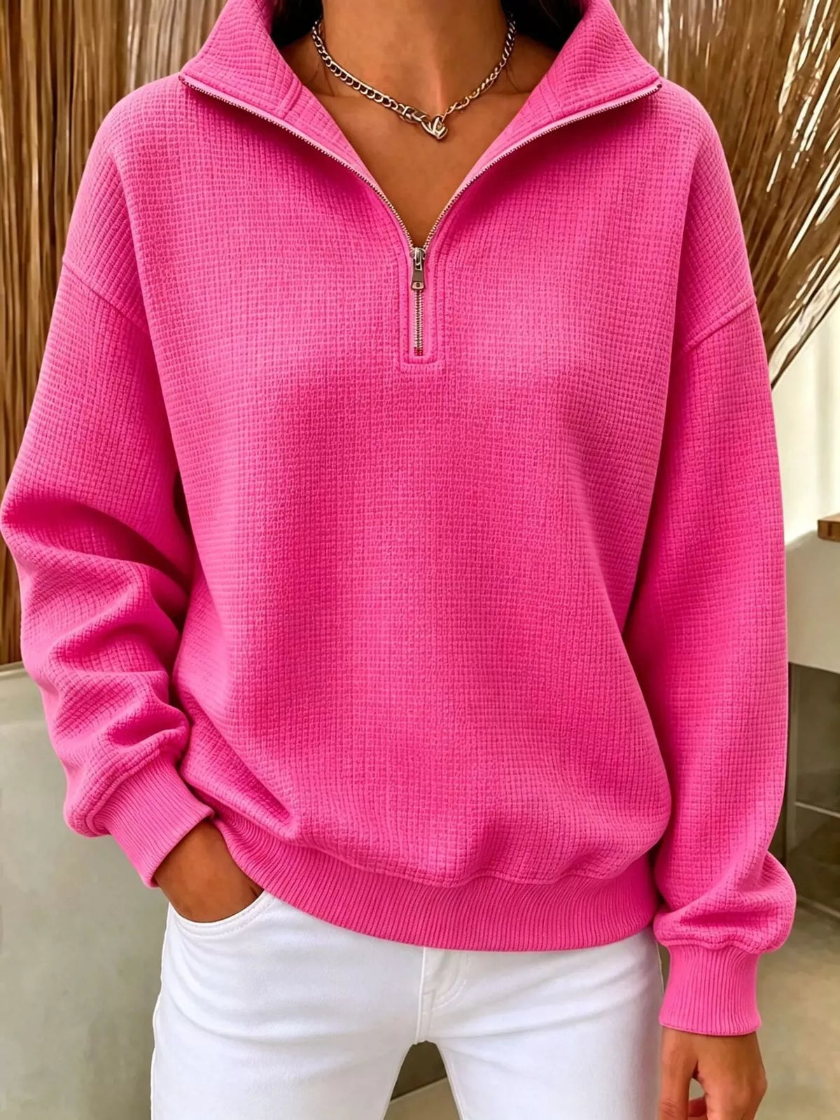 Daniela våffelstickad sweatshirt, cerise