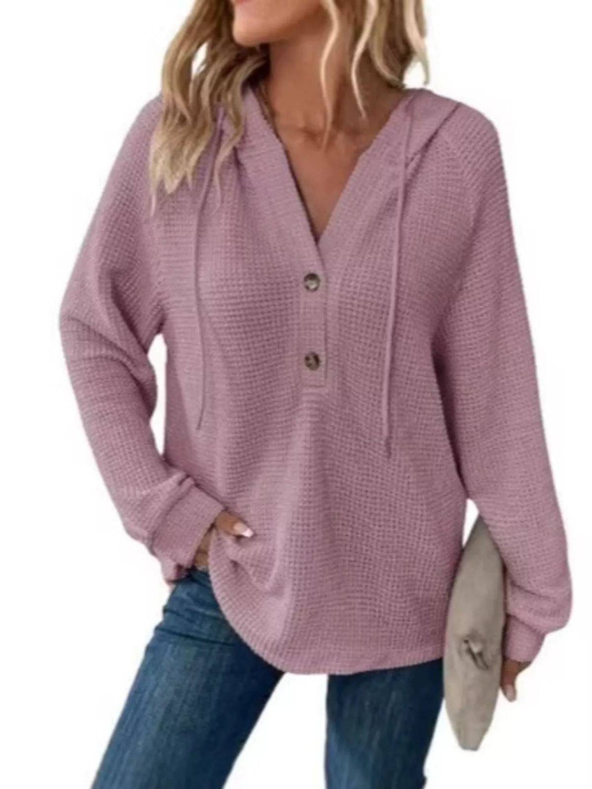 Edna våffelstickad hoodie, lilaröd
