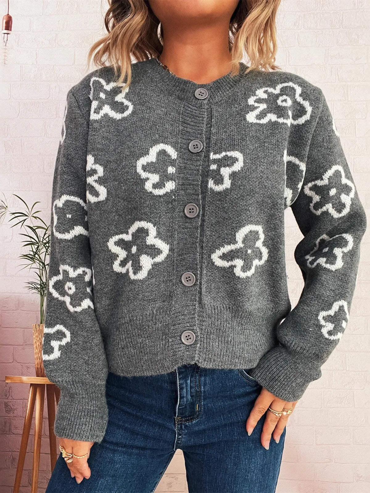 Megan blommig cardigan, grå