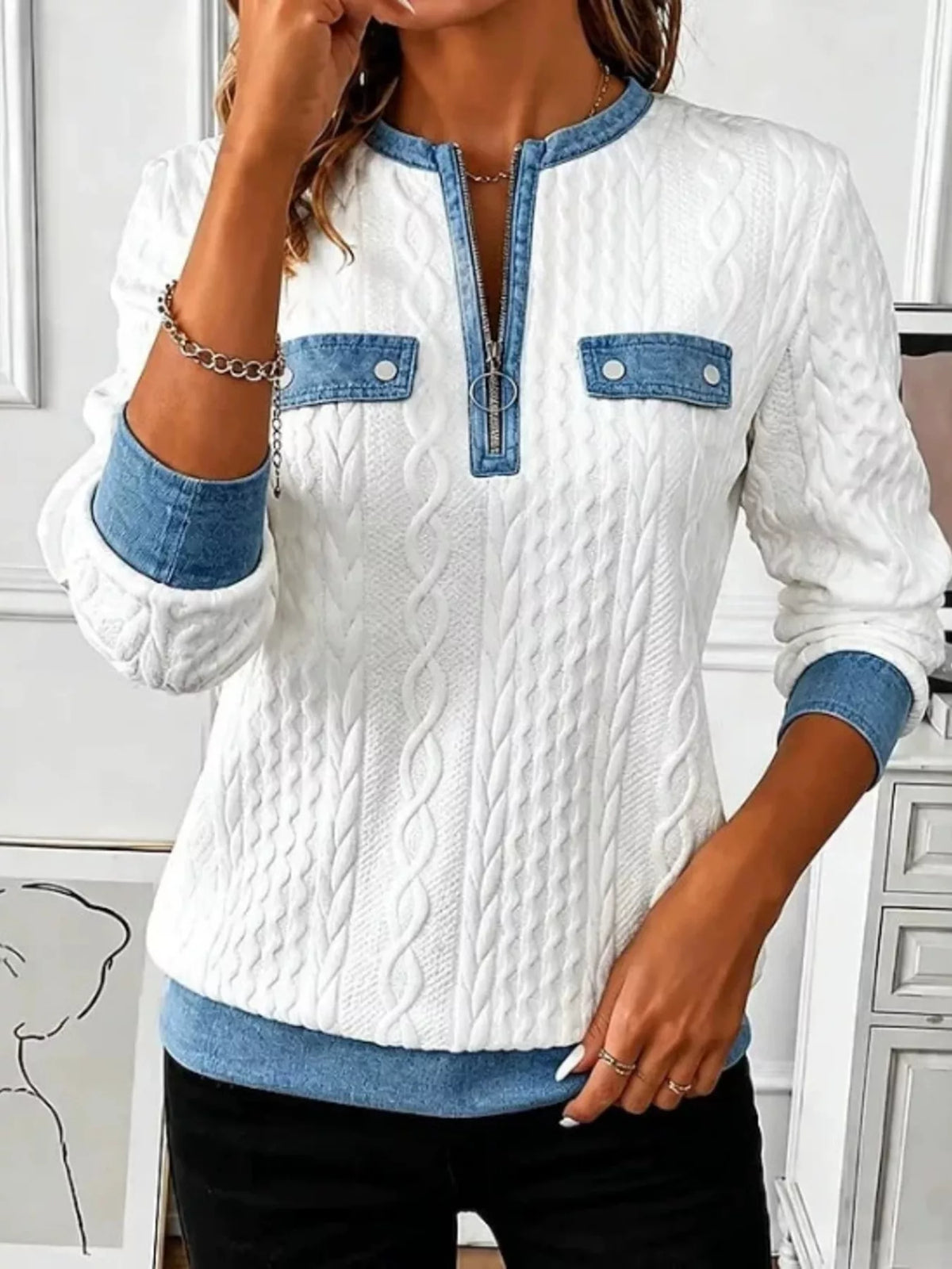 Erika kabelstickad sweatshirt, vit