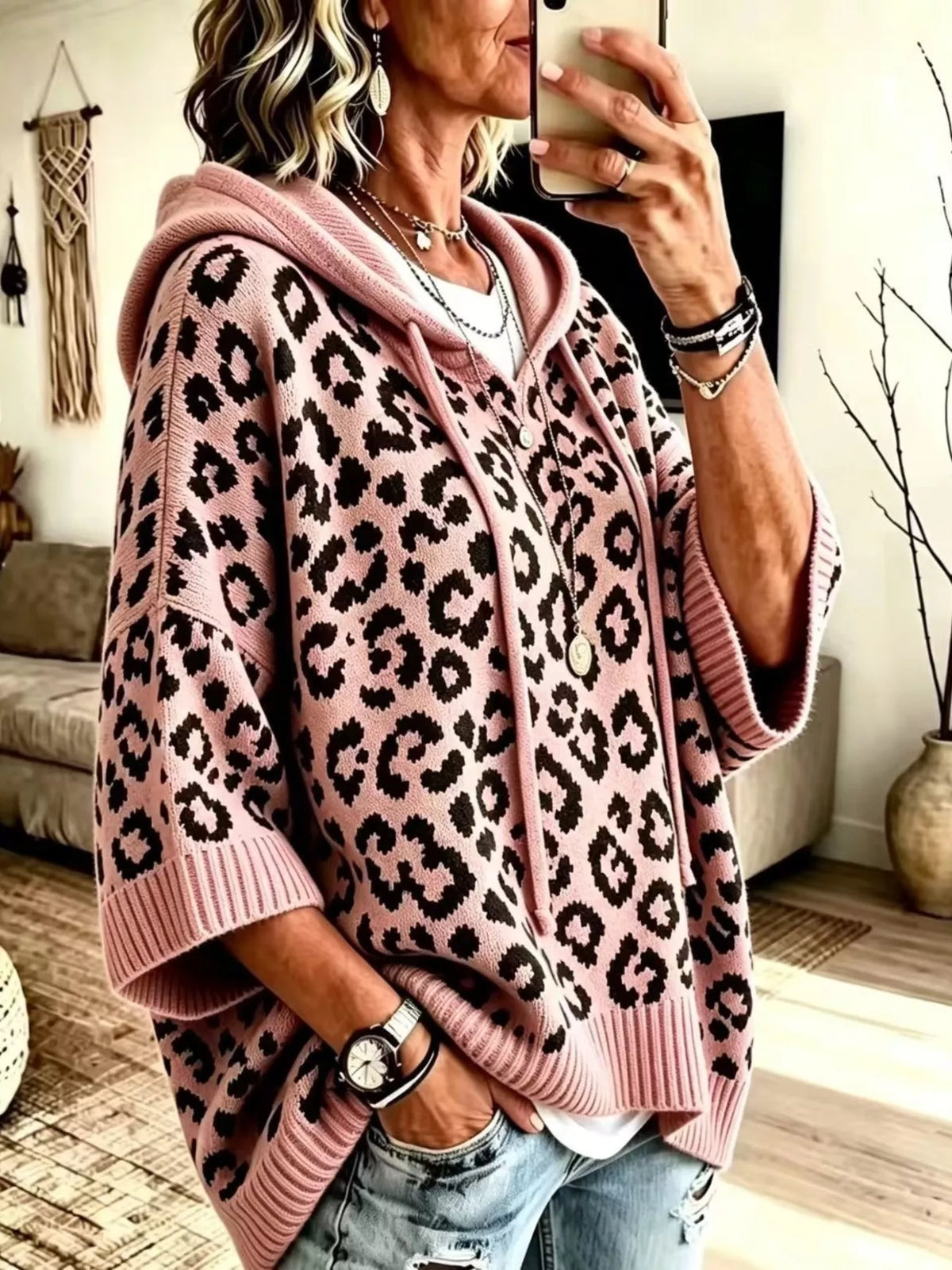 Frauke leopardmönstrad hoodie, rosa