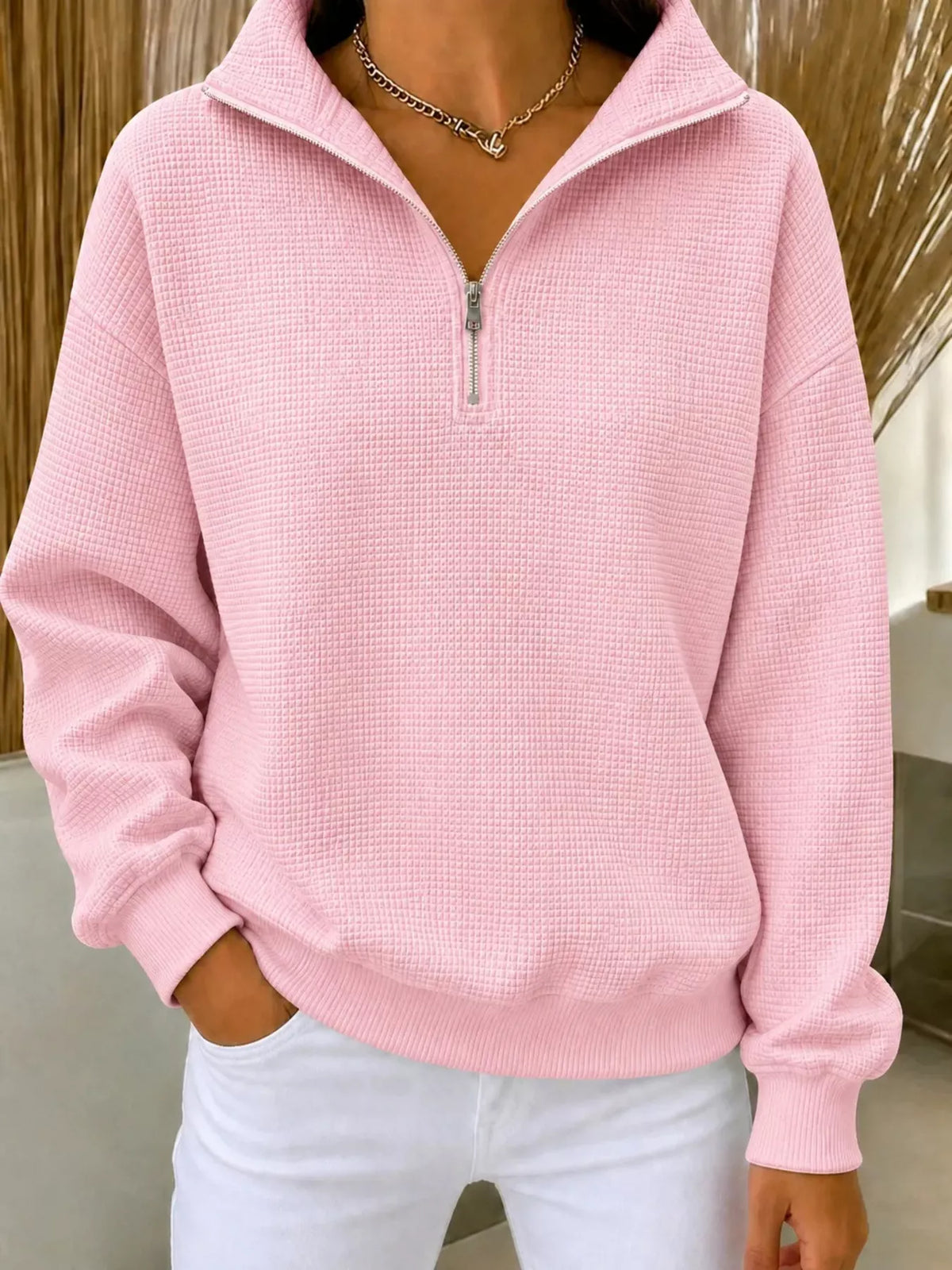 Daniela våffelstickad sweatshirt, rosa